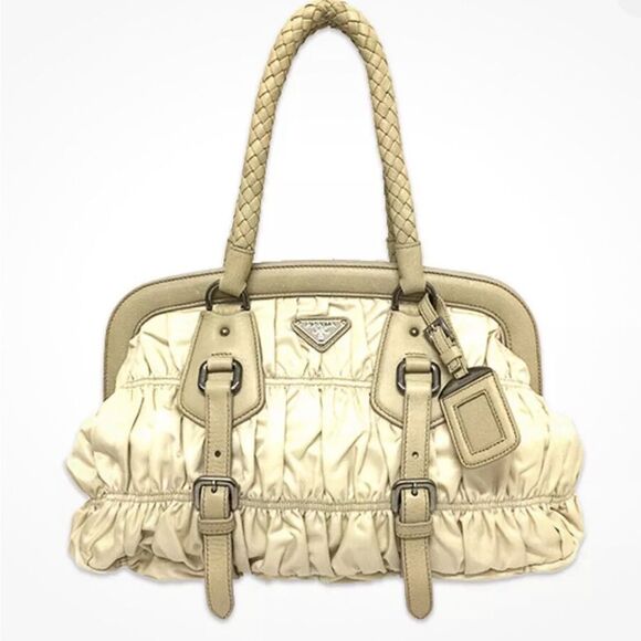 Prada Beige Gaufre Tessuto Nylon Handbag Braided Leather Handles - Picture 1 of 11